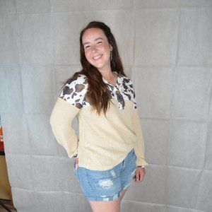 Cow Print Quarter Button Waffle Knit Top